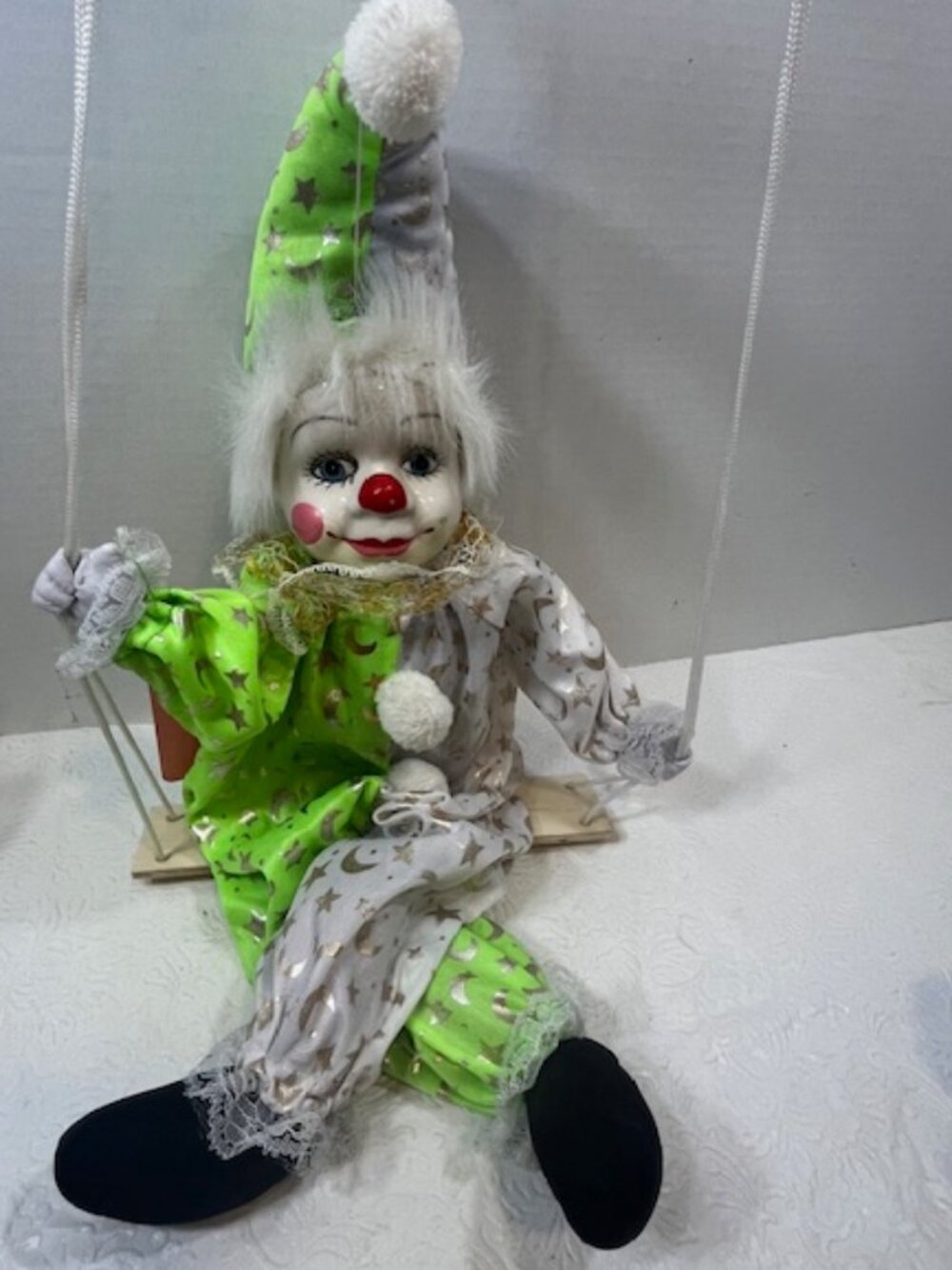 VTG Circus Clown on a Wooden Swing 18" Porcelain Head Stuffed Body & Legs